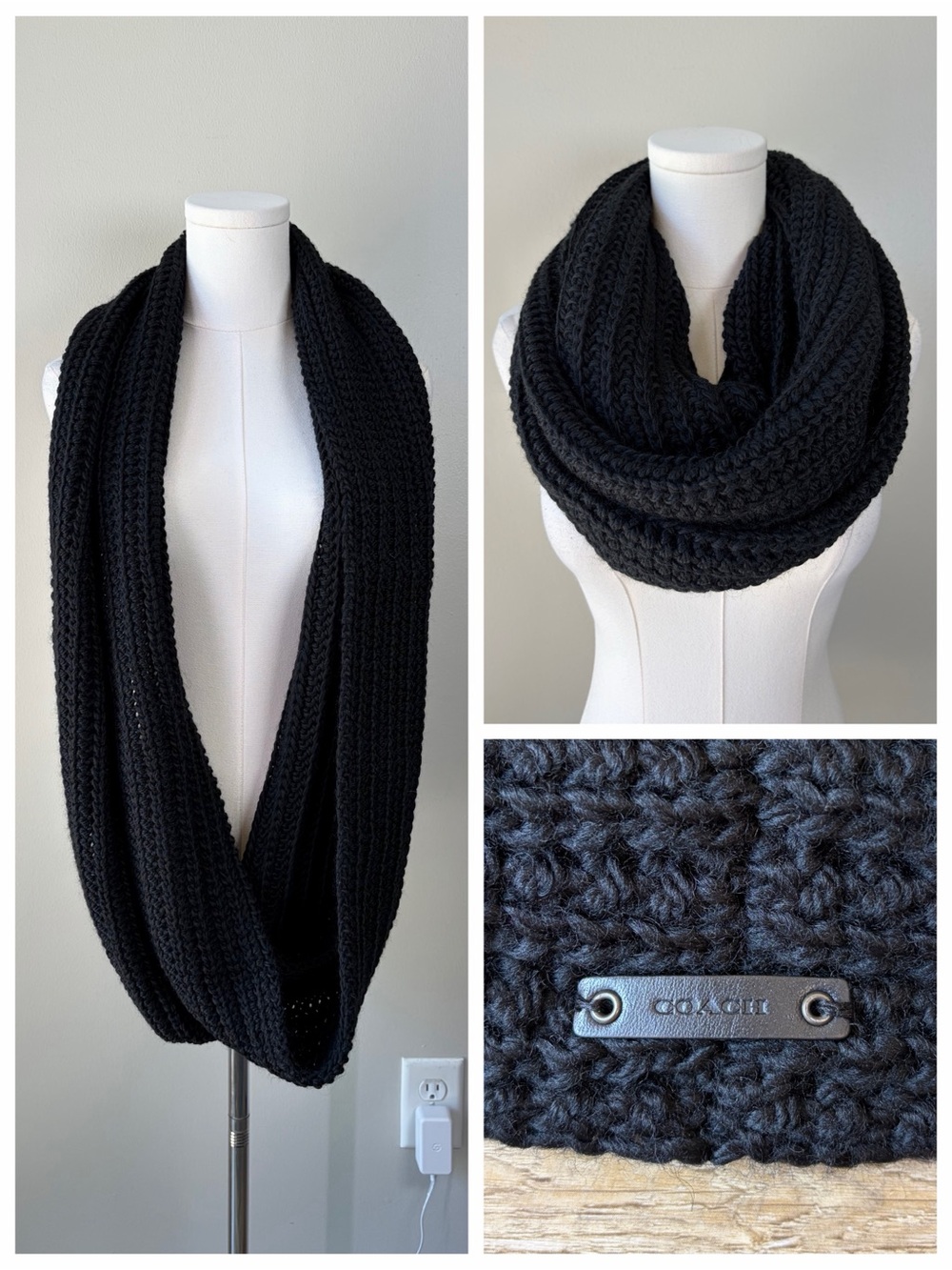 COACH Black Wool Blend Chunky Knit Infinity Scarf Cozy Winter City Girl